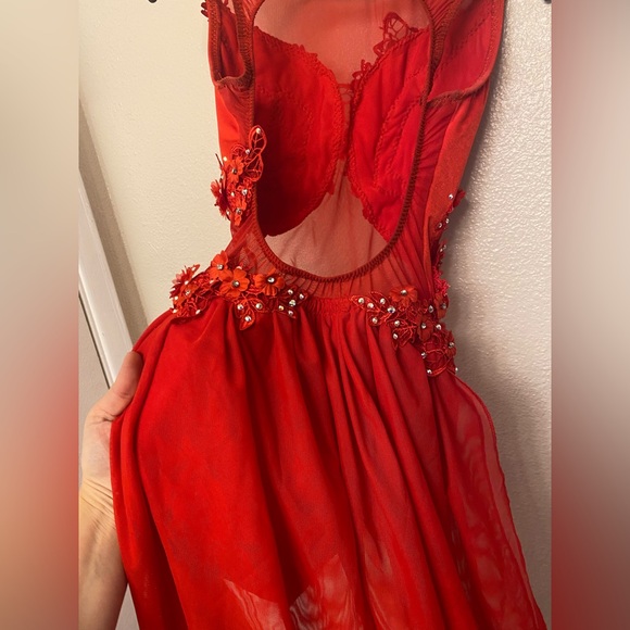 Custom Glamorous solo dance costume red mesh rhinestone embellished lyrical SA - Picture 5 of 12